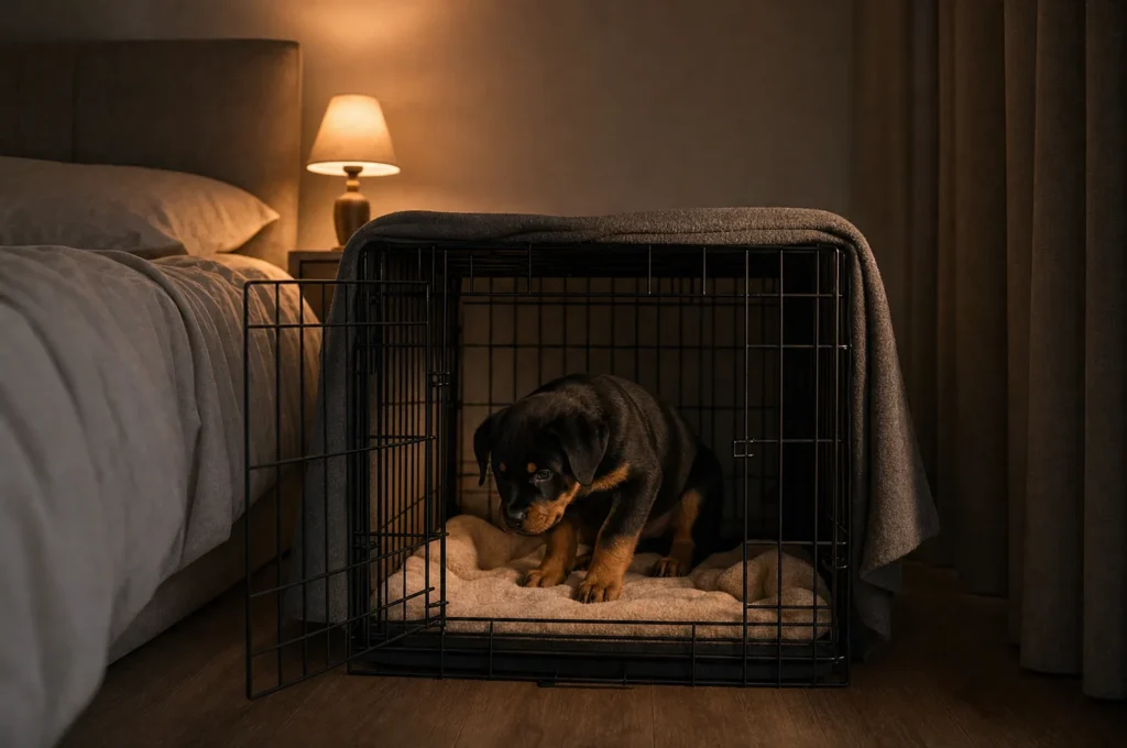 A Rottweiler puppy settling onto a blanket inside a wire crate placed beside a bed, in a dim bedroom with a bedside lamp on low