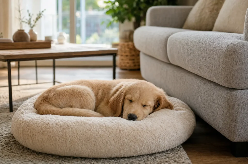 Golden retriever puppy curled up asleep on a plush dog bed beside a living room couch