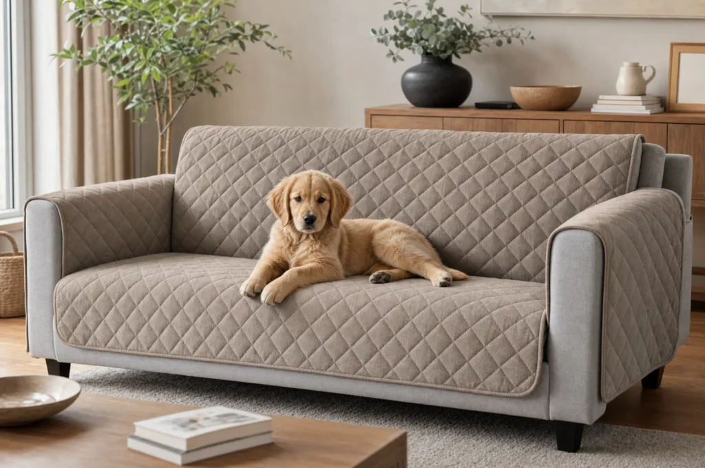 Gray sofa with a quilted couch cover and a puppy lying on it