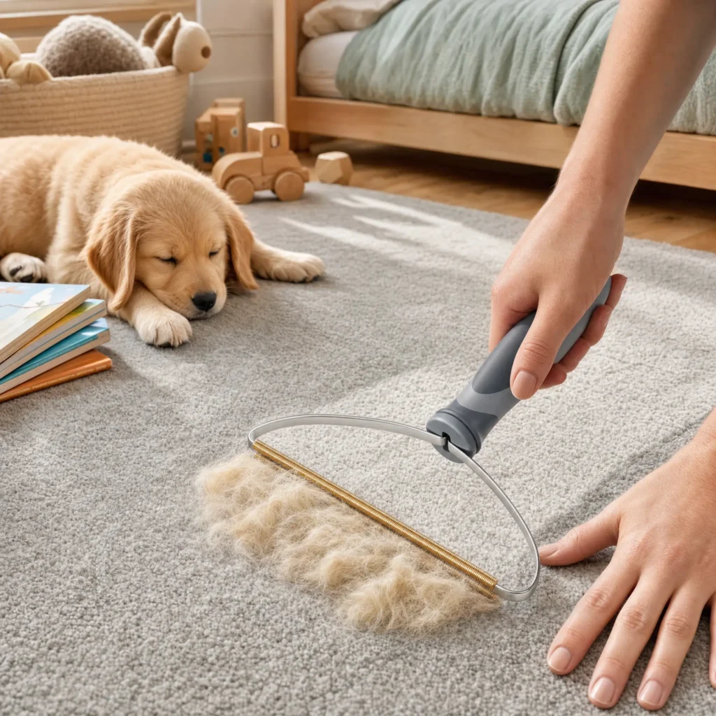 Raking puppy fur out of a gray rug in a kids room while one hand holds the rug flat
