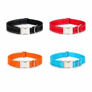 Reflective Night Walk Puppy Collar in black, red, orange and sky blue, each with silver reflective stitching and a metal buckle