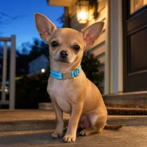 Chihuahua puppy on a porch at dusk wearing the sky blue reflective collar