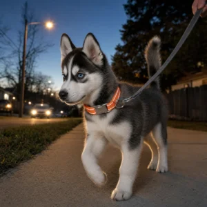 Husky puppy on an evening sidewalk walk wearing the orange reflective collar