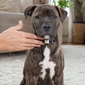 Checking the fit of the black reflective collar on a brindle pit bull puppy
