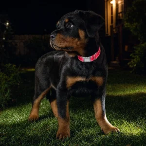 Rottweiler puppy on backyard grass at night wearing the red reflective collar in a flashlight beam