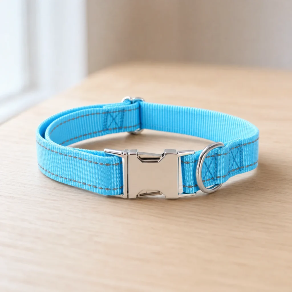 Close-up of the sky blue collar: nylon webbing, reflective edge stitching, metal buckle and D-ring