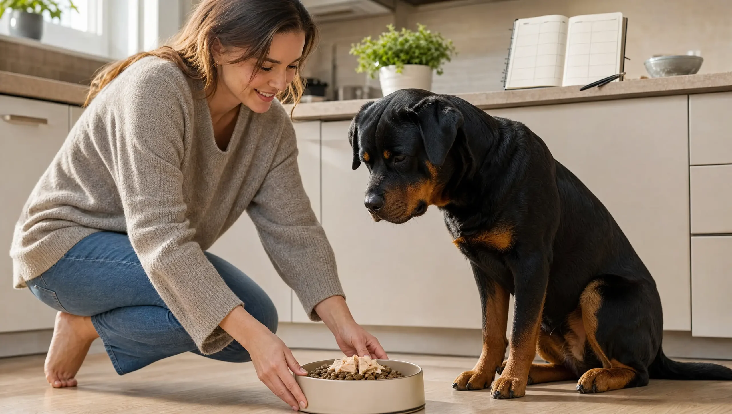 Owner adding one new food to a Rottweiler's bowl after a food trial, with a planner on the counter