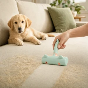 Rolling puppy fur off a couch