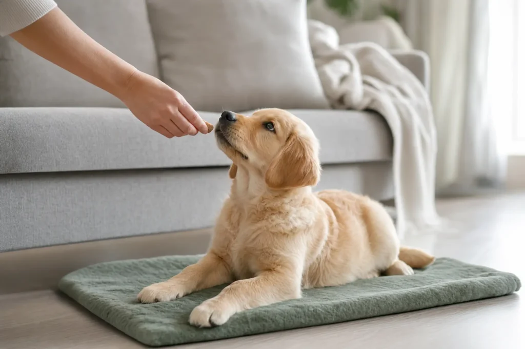 Owner's hand giving a treat to a puppy lying calmly on a mat next to the sofa
