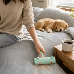 Rolling puppy fur off a duvet while the puppy naps