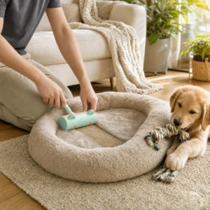Rolling puppy fur off a round dog bed