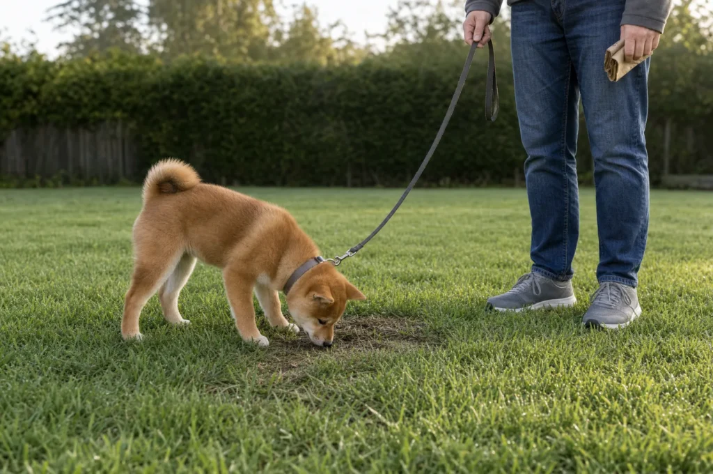 Leashed Shiba Inu puppy sniffing its grass potty spot after breakfast while its owner waits with a waste bag