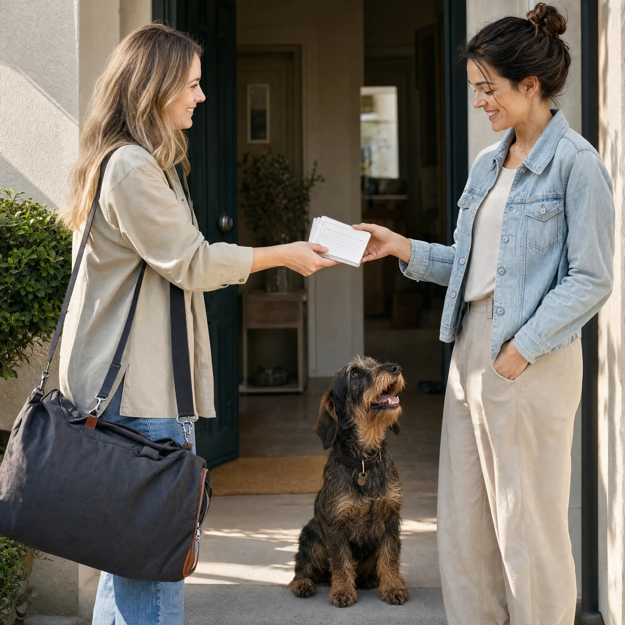 Dog owner handing a pet sitter food trial care cards while a wire-haired Dachshund waits