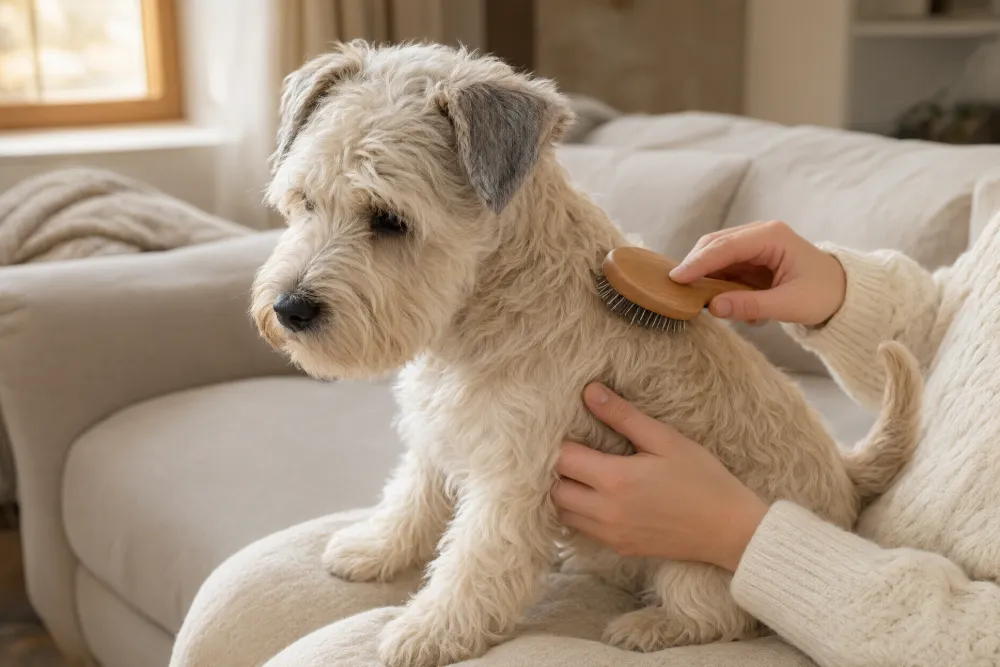 A Soft Coated Wheaten Terrier being gently brushed on an owner's lap