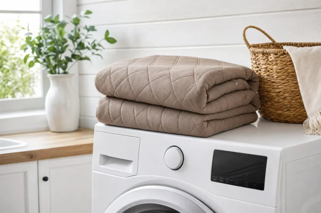 Freshly washed couch cover folded next to a washing machine