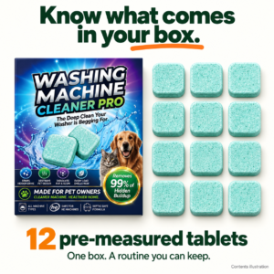 Illustration of one box containing 12 washer cleaner tablets