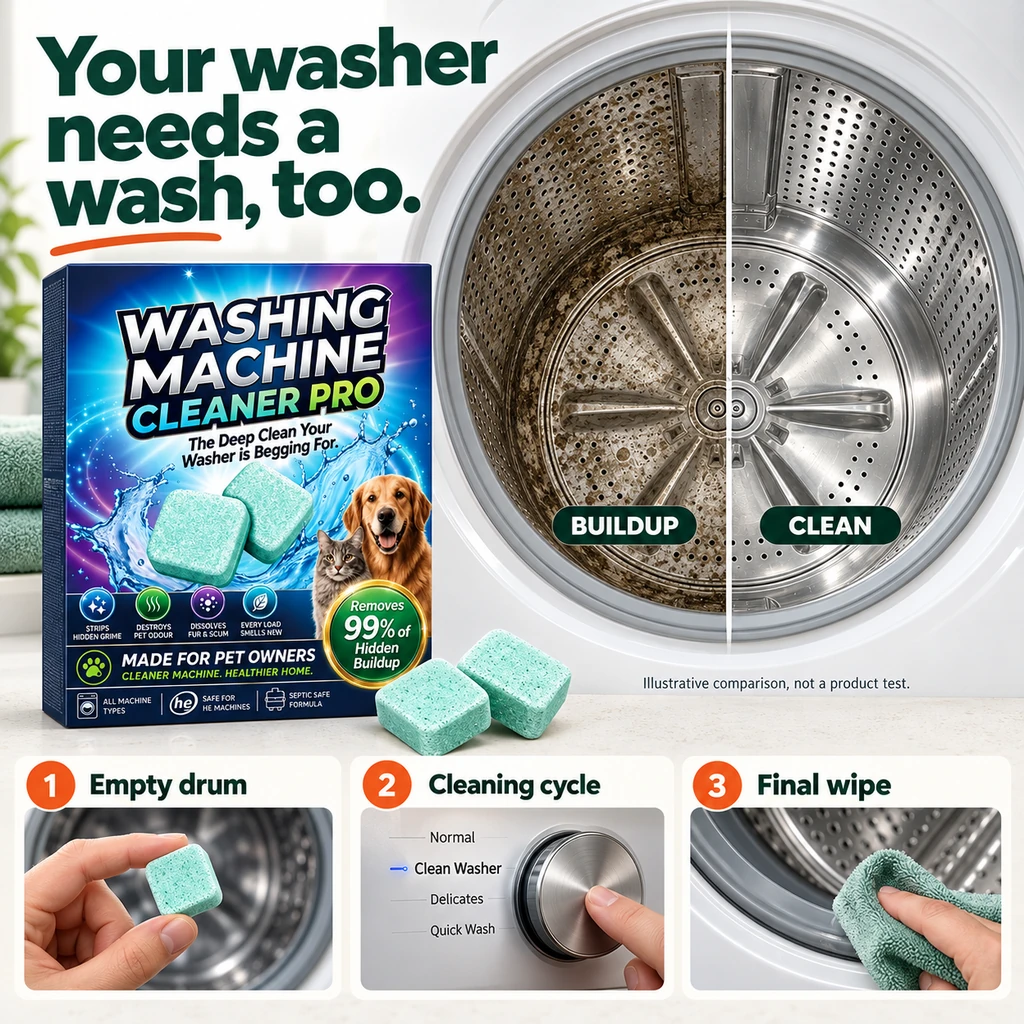 Washer cleaner package with an illustrative dirty and clean drum comparison, not a product test