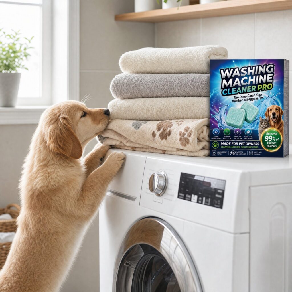 Puppy sniffing fresh folded towels on a washer next to the tablet box