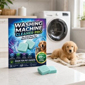 Washer cleaner tablets on a laundry room shelf