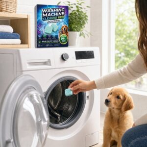 Dropping a washer cleaner tablet into the empty drum