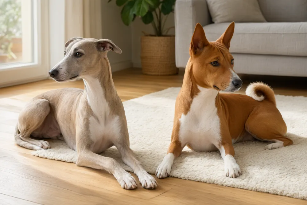 A Whippet and a Basenji, short-coated breeds with light grooming needs, resting on a living room floor