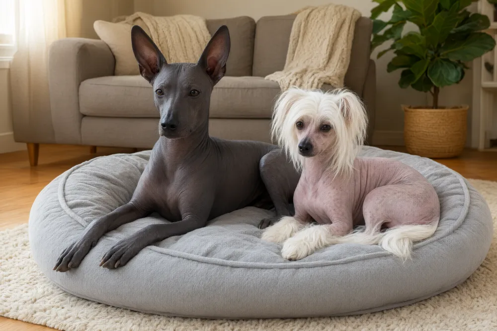 A hairless Xoloitzcuintli and a Chinese Crested resting together on a dog bed