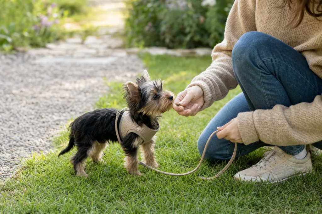 A Yorkshire Terrier puppy in a small harness stands on her grass potty spot while her crouching owner offers a tiny treat.